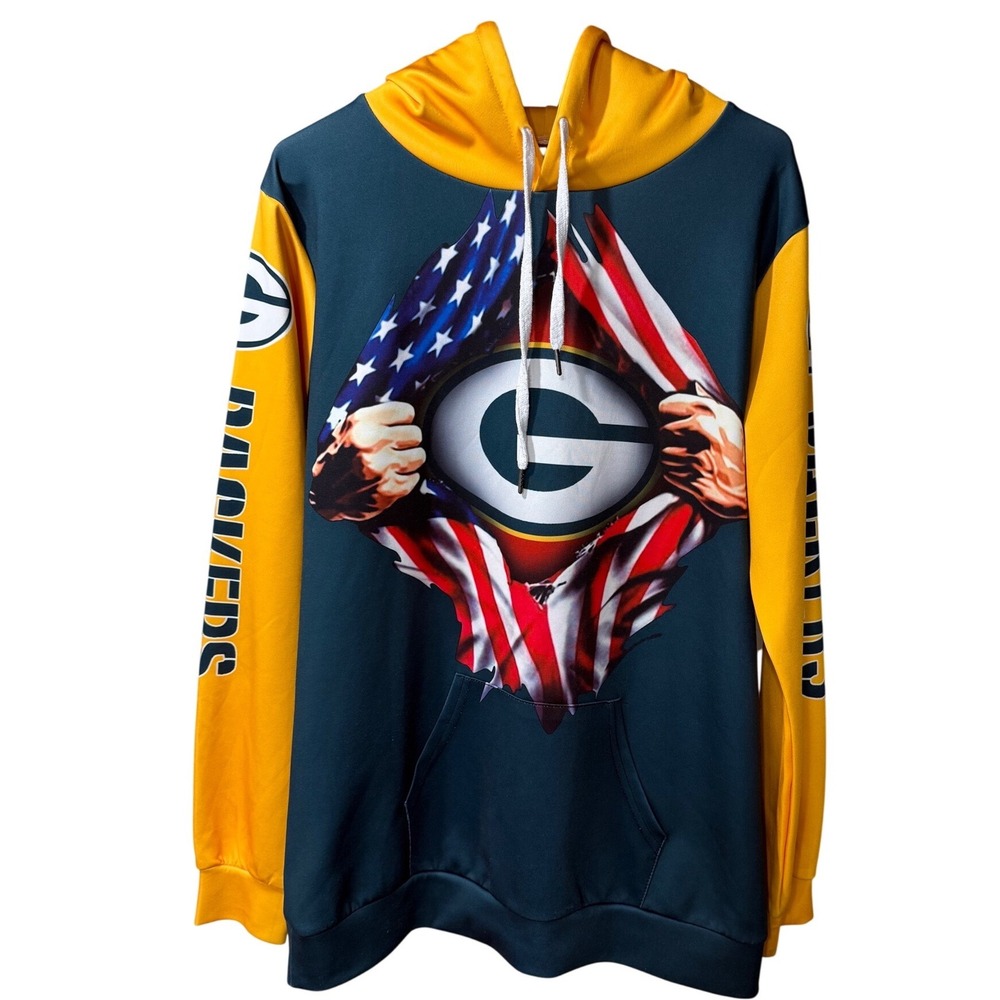 Patriotic Green Bay Packer USA Flag Graphic Hoodie Pullover L/XL Unisex Football - Picture 2 of 7
